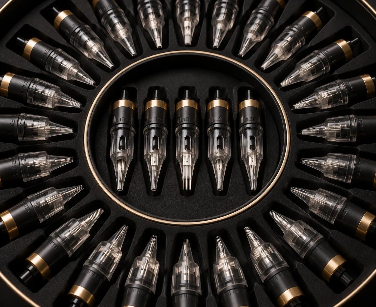 Tattoo needle cartridges arranged in a presentation tray