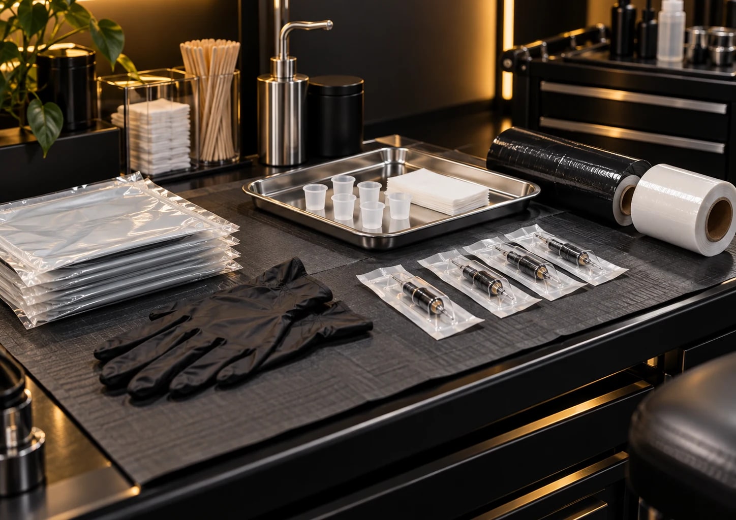 A clean tattoo workstation with sealed cartridges and protective supplies