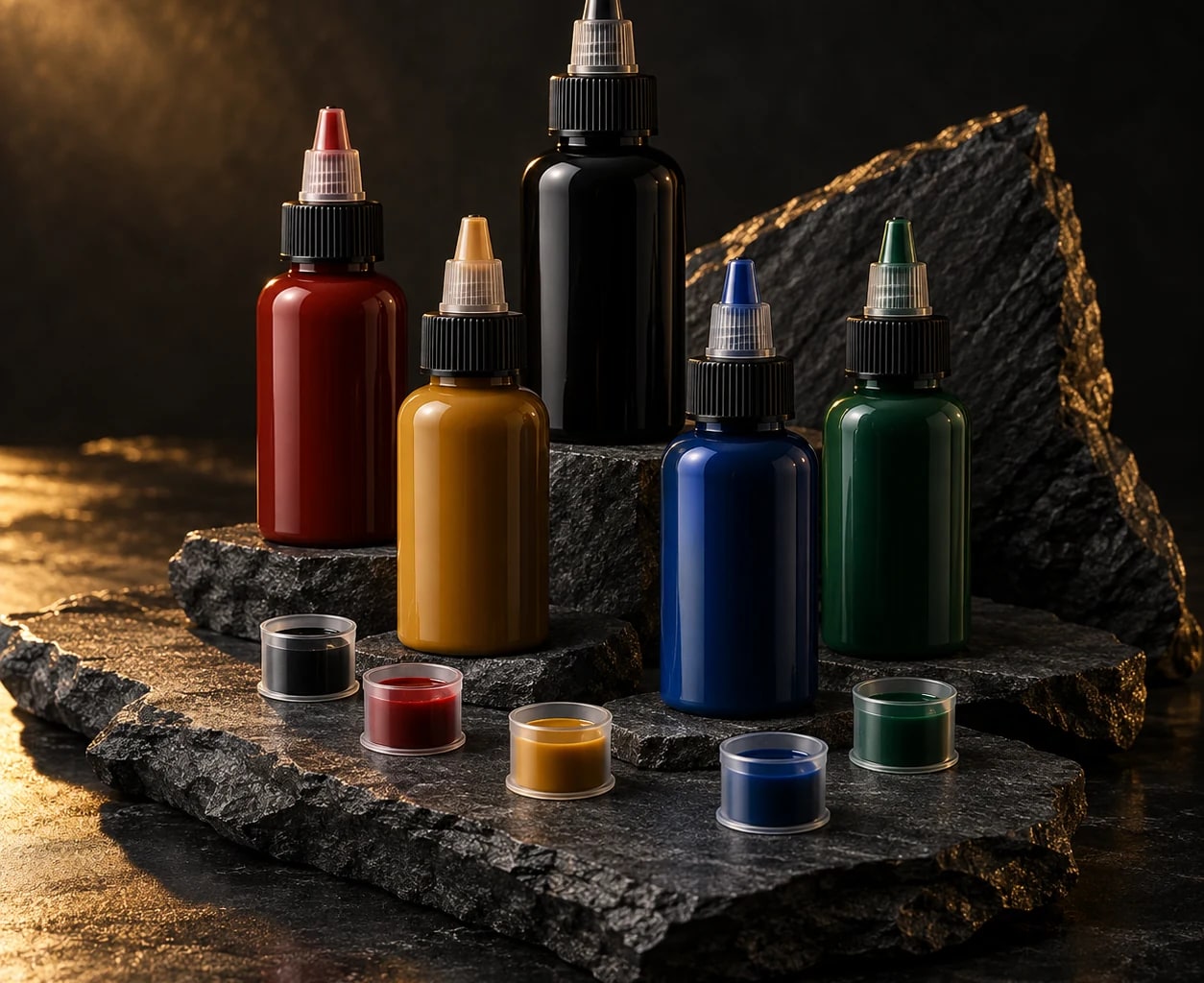 Curated range of unbranded tattoo ink bottles